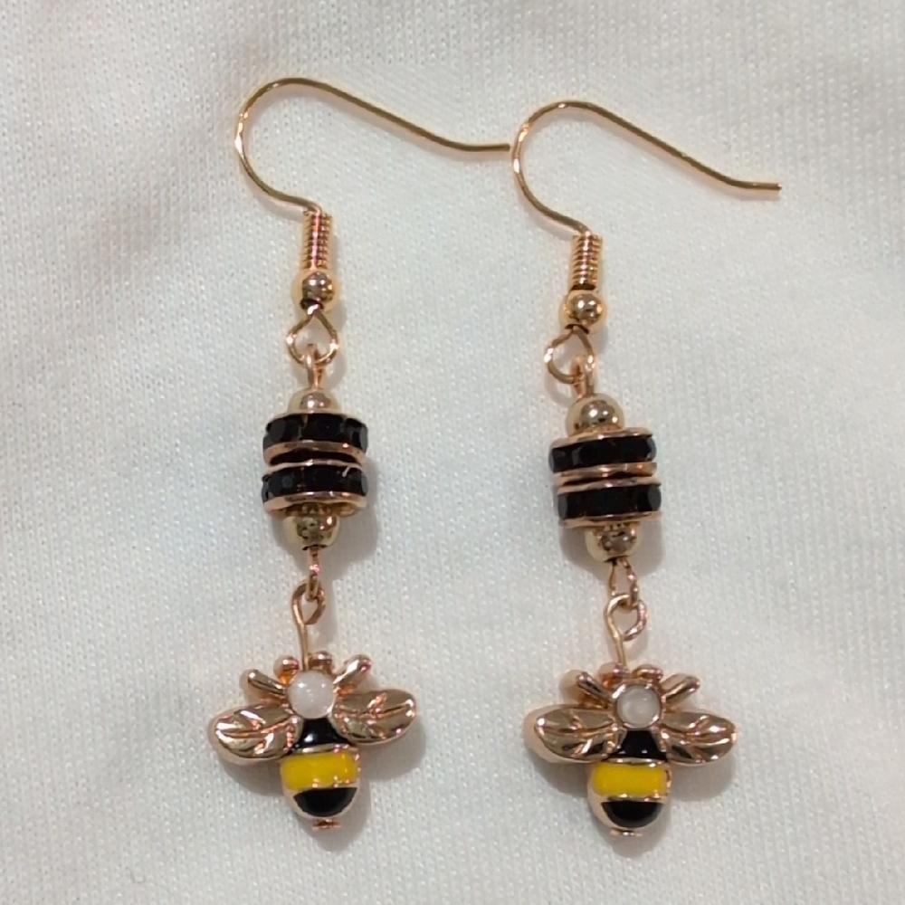 Bumble Bee Enamel & Rhinestone Drop Earrings 18k Gokd Plated Posts Handmade NWT